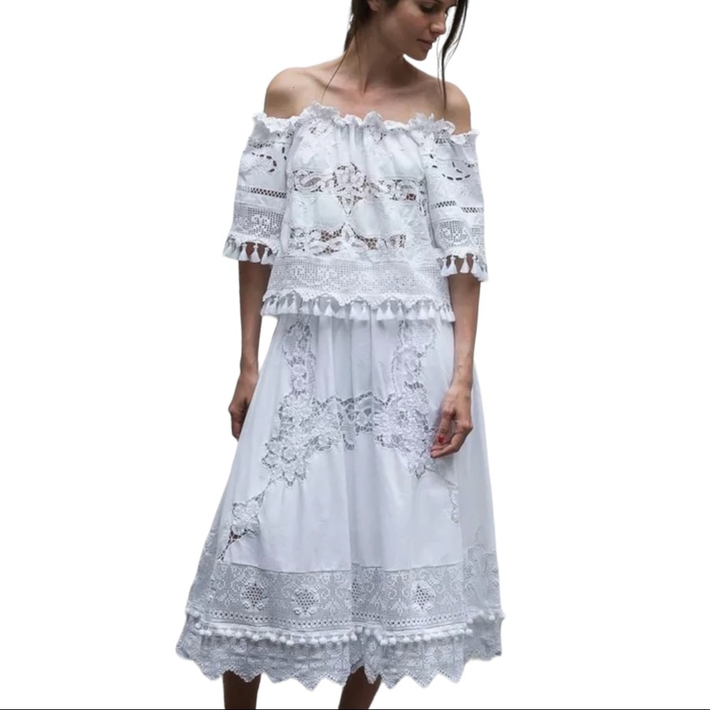 🥳HP Place Nationale Free People Baleine Lg 12/14 White Crocheted Lace Midi Skirt